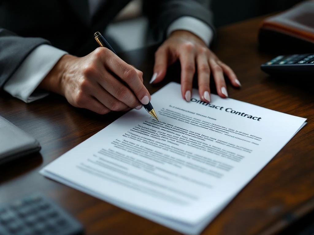 Zakenvrouw bekijkt contract op mahonie bureau met vulpen, rekenmachine en leren mappen in warm kantoorlicht