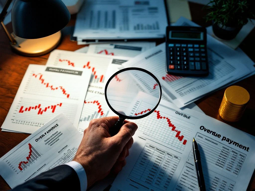 Zakenman analyseert financiële documenten met vergrootglas, rode dalende grafieken en achterstallige betalingen zichtbaar
