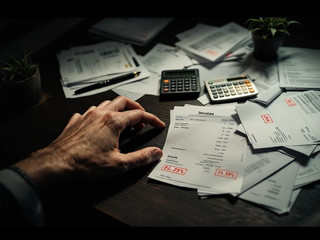 Zakenman reikt naar stapel onbetaalde facturen met rode stempels op donker houten bureau met calculator
