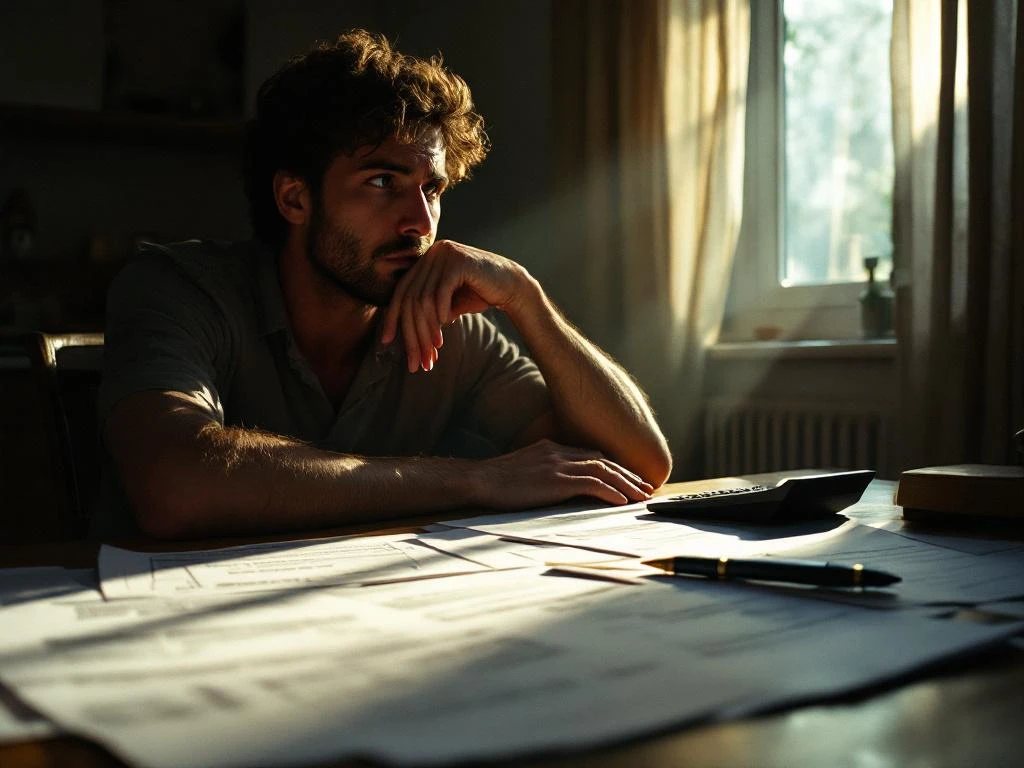 Bezorgde persoon bekijkt onbetaalde rekeningen en juridische documenten aan keukentafel met rekenmachine en pen