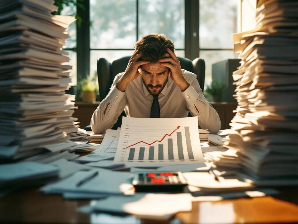 Gestresste zakenman aan bureau met stapels onbetaalde facturen, calculator met rode cijfers en groeiende grafiek