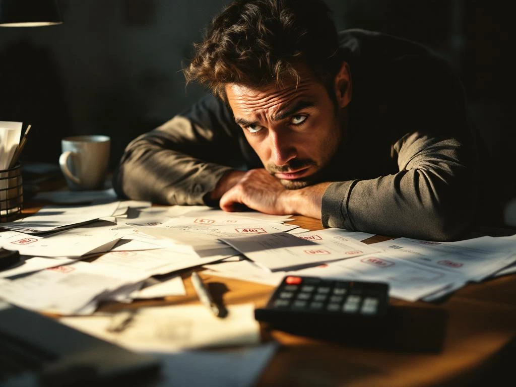 Bezorgde kleine ondernemer zit aan bureau vol onbetaalde facturen met rode stempels en calculator met negatieve cijfers