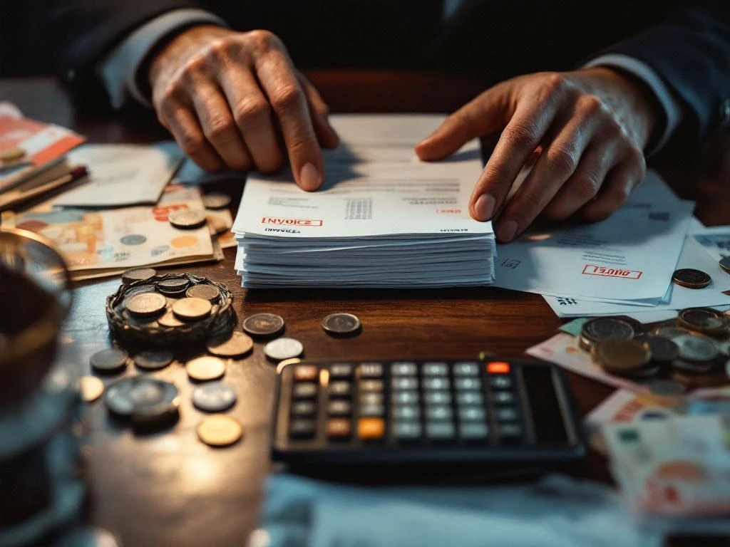 Zakenman onderzoekt onbetaalde facturen met rode stempels, eurobiljetten en calculator op bureau