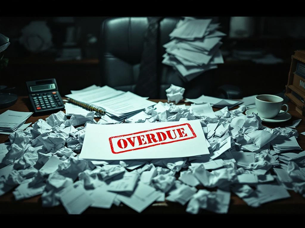 Rommelig kantoorbureau met onbetaalde facturen, rode "ACHTERSTALLIG" stempel prominent zichtbaar, calculator en koffiekop