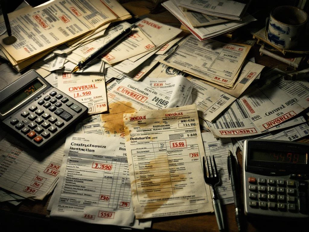Kantoorbureau vol onbetaalde facturen en rekeningen met rode stempels, calculator toont negatieve cijfers, financiële stress