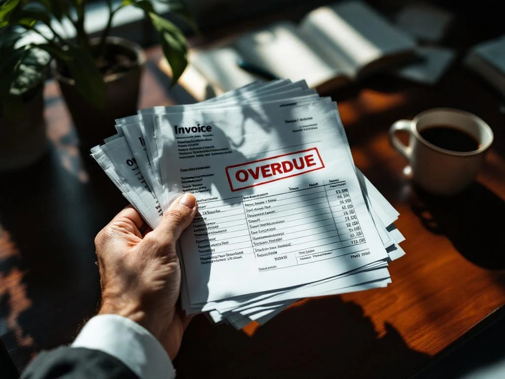 Hand met stapel onbetaalde facturen met rode "ACHTERSTALLIG" stempels op bureau met verwelkte plant en lege koffiemok