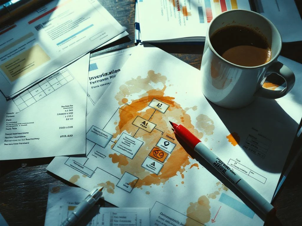 Zakelijk bureau met onbetaalde facturen en achterstallige rekeningen verspreid over een organisatieschema met koffiemok