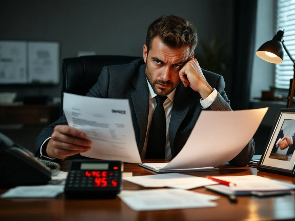 Zakenpersoon met gefronste wenkbrauwen houdt achterstallige factuur vast en reikt naar telefoon op bureau vol onbetaalde rekeningen