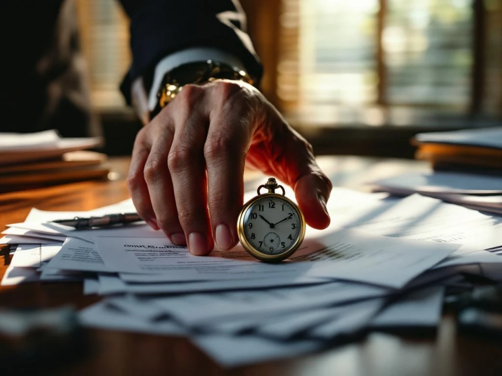 Zakenman's hand aarzelt boven stapel achterstallige facturen op bureau met vintage zakhorloge in warm zonlicht