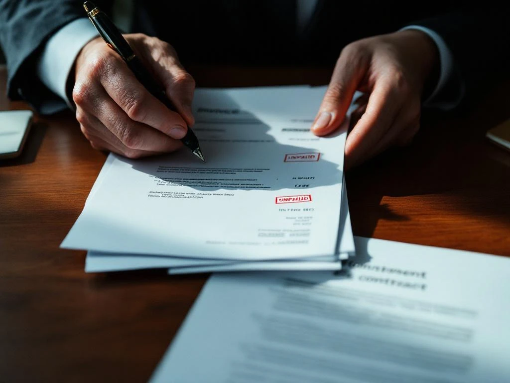 Zakenman houdt onbetaalde facturen vast en tekent betalingsvoorwaarden op contract op houten bureau