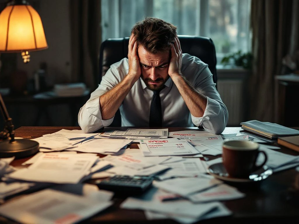 Gestresste ondernemer aan bureau met onbetaalde facturen en rode stempels, calculator toont negatieve cijfers