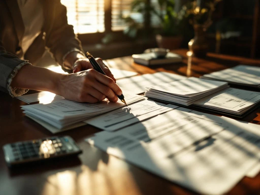 Zakenvrouw organiseert betaalde facturen en financiële documenten op mahonie bureau met calculator en vulpen