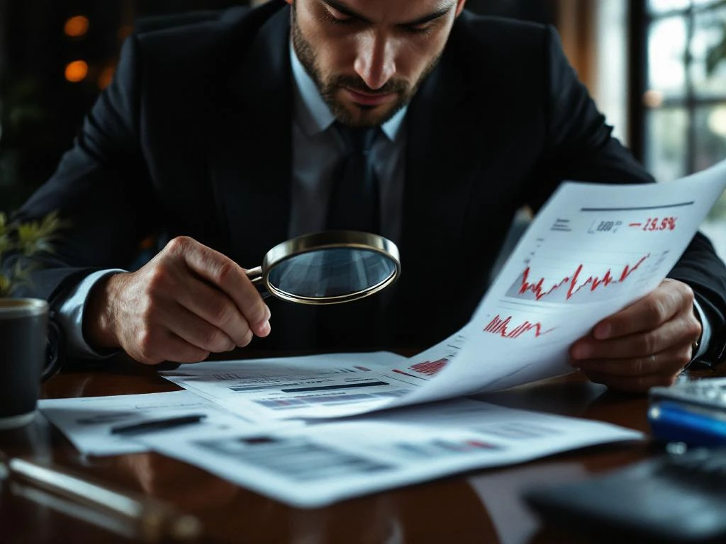 Zakenman in pak analyseert financiële documenten met vergrootglas, dalende grafieken en rekenmachine op bureau zichtbaar