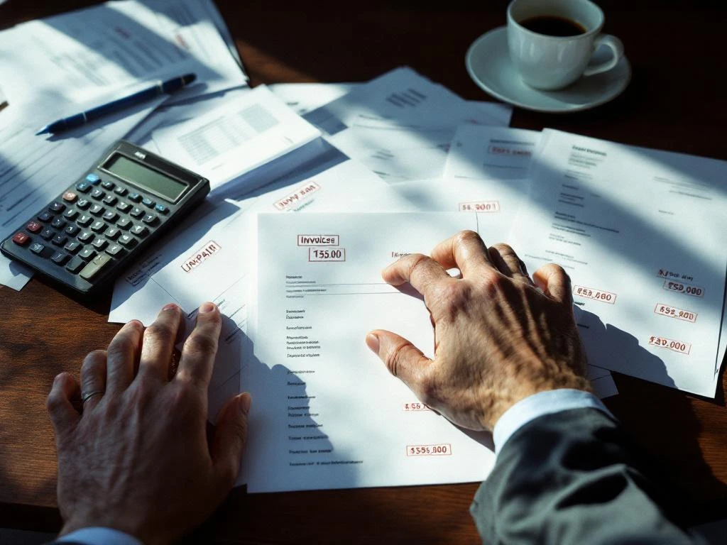 Zakenman reikt aarzelend naar stapel onbetaalde facturen met rode stempels op donker bureau met calculator