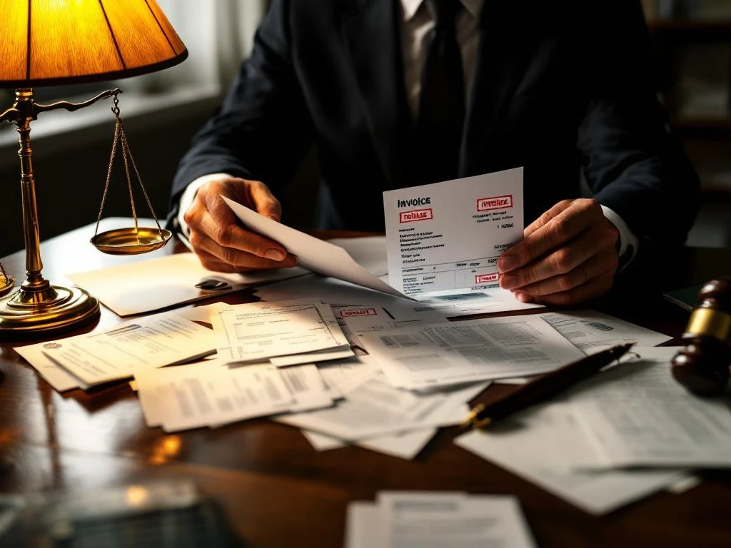 Zakenman in pak bestudeert onbetaalde facturen aan bureau met weegschaal van justitie, financiële zorgen concept