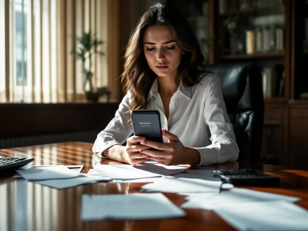 Zakenvrouw met smartphone toont betalingsachterstand, onbetaalde facturen en rekenmachine op vergadertafel