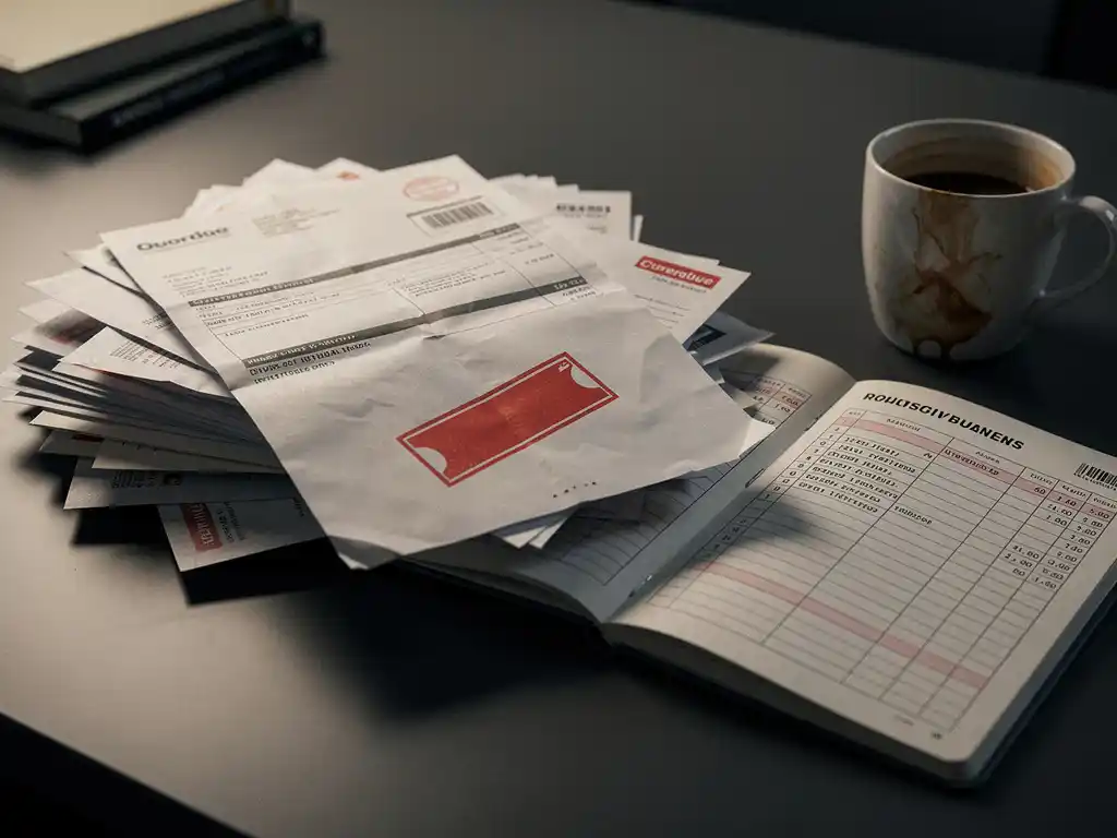 Stapel onbetaalde facturen op modern bureau, één gestempeld in rood, naast opengeslagen kasboek met dalende betalingskolommen en half leeg koffiekopje.