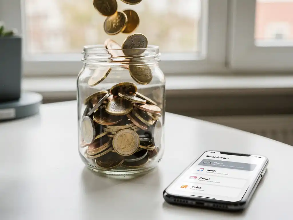 Euro munten die in een glazen pot stromen op een wit bureau, met een smartphone met abonnementsdashboard ernaast, in warm Rotterdams daglicht.