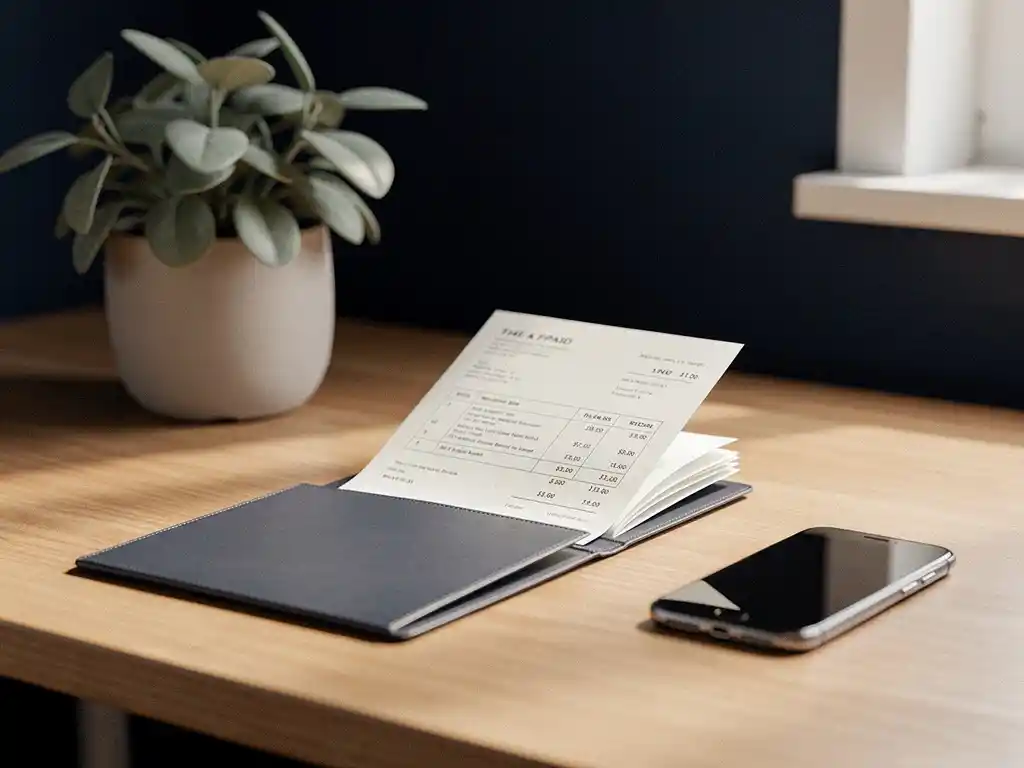 Houten bureau met onbetaalde facturen in één map, potplant en smartphone in marineblauw en ivoor tinten.
