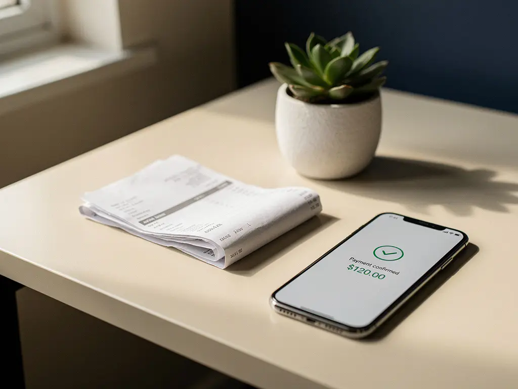 Gevouwen factuur op modern bureau naast een succulent en smartphone met betalingsbevestiging, warm natuurlijk licht.