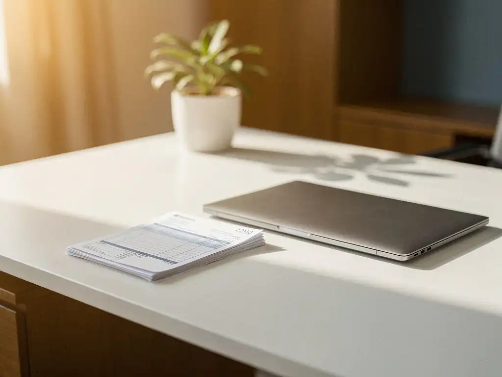 Opgeruimd modern bureau met een stapel facturen naast een laptop en een potplant op de achtergrond, verlicht door warm natuurlijk raamlicht.