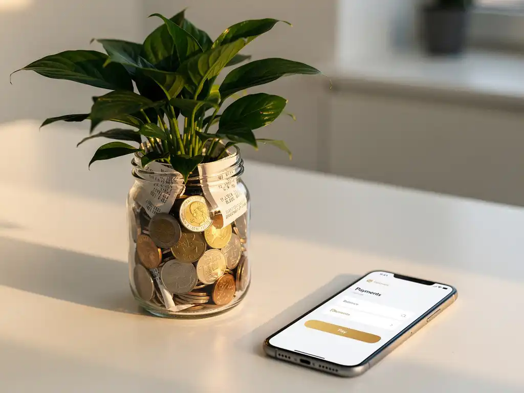 Weelderige groene plant groeit uit glazen pot gevuld met munten en bonnetjes, naast smartphone met betaaldashboard op modern bureau.