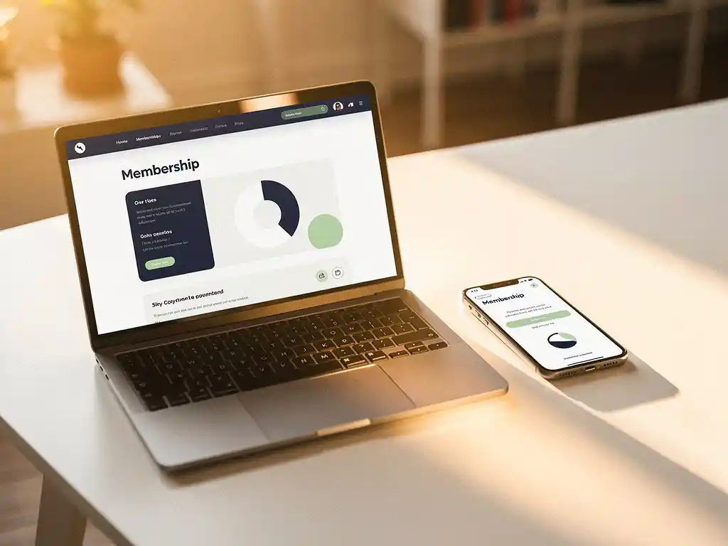 Laptop met ledenportaal en smartphone met betalingsbevestiging op wit bureau in licht Rotterdams kantoor.