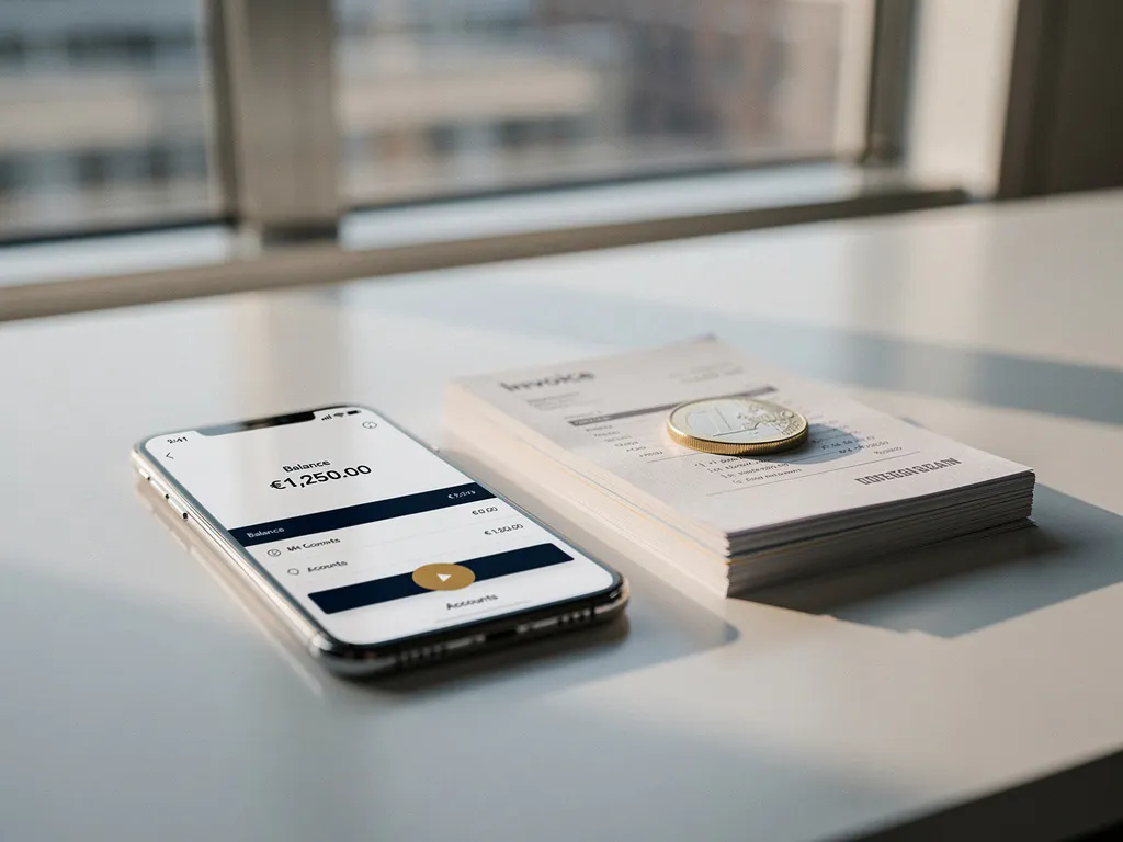 Smartphone met bankier-app op wit bureau naast facturen en een euromunt, in warm ochtendlicht vanuit een Rotterdams kantoor.