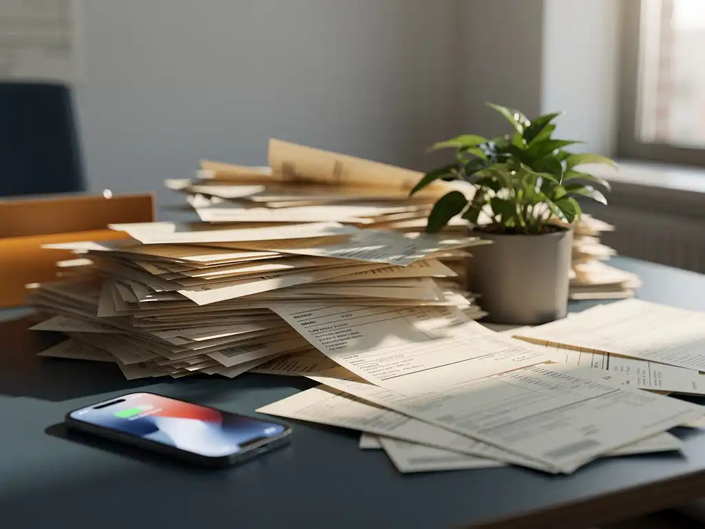Stapel onbetaalde facturen op een Rotterdams kantoorbureau, met een groen plantje en smartphone met betalingsmelding.
