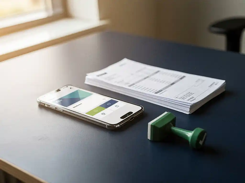 Rotterdam-kantoorbureau met smartphone met betalingsdashboard, gesorteerde facturen en groen vinkjesstempel in warm natuurlijk licht.