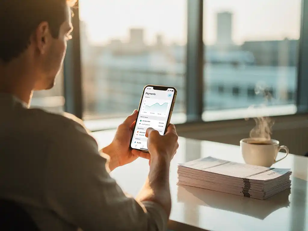 Ondernemer in Rotterdam-kantoor bekijkt betalingsoverzicht op smartphone, facturen en dampende koffie op bureau, warm goudkleurig licht.